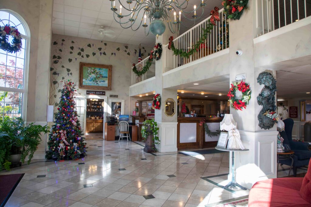 Hotel Grand Victorian lobby decorated for Christmas in Branson, Missouri